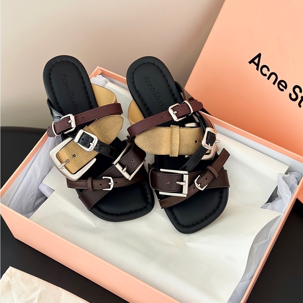 Acne Multi-Color Triple-Buckle Leather & Suede Sandals - Picture 6 of 9